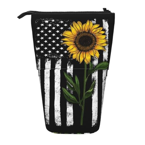 WSHFFILO Teleskop-Stifttasche, Motiv: Sonnenblume und amerikanische Flagge, erweiterbar von WSHFFILO