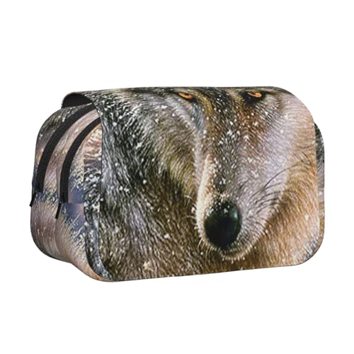 WSHFFILO Trendiges Federmäppchen mit Wolfsdruck, doppeltes Klappetui, Federmäppchen, tragbare Schreibwarentasche, Schwarz , Einheitsgröße, Münztasche von WSHFFILO