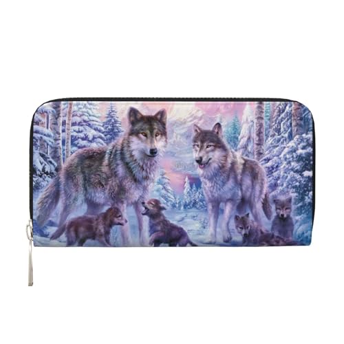 WSHFFILO Winter Wolf Family Printed Leather Hand Wallet Long Clutch Leather Wallet, Schwarz , Einheitsgröße von WSHFFILO