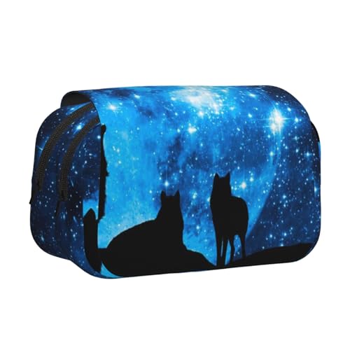 WSHFFILO Wolfs bedrucktes doppeltes Federmäppchen, Federmäppchen, tragbare Schreibwaren-Tasche, Schwarz , Einheitsgröße, Münztasche von WSHFFILO