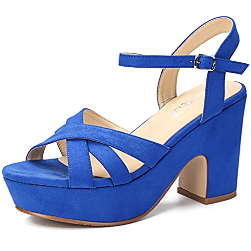 WSKEISP Damen Plateau Heels Sandalen Knöchelriemen Block Chunky Heel Wildleder Peep Toe Mode Kleid Hochzeit High Heels Keilabsatz Pumps, Blaues Wildleder, 42.5 EU von WSKEISP