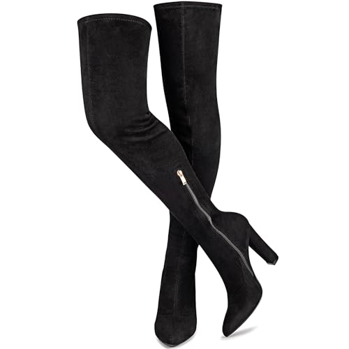 WSKEISP Oberschenkelhohe Stiefel für Damen, Stretch-Wildleder, Overknee-Stiefel, 10,5 cm, dicker Absatz, Herbst-Winterstiefel, Schwarz, 41.5 EU von WSKEISP