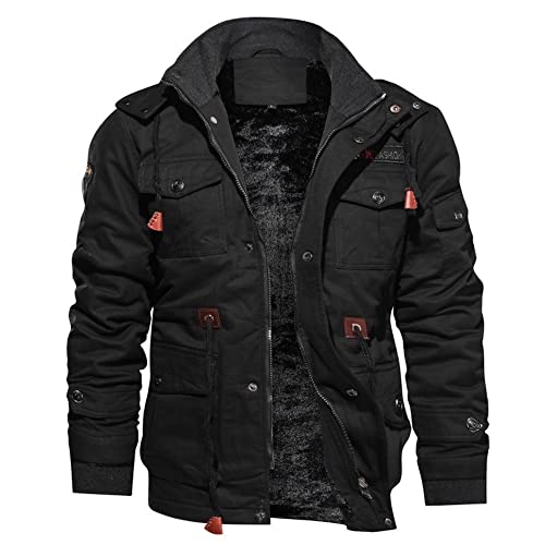 Cargo-Jacken aus Fleece, Herren, Fliegerjacke, Militär, aus Baumwolle, winddicht, Winter, dick und warm, Schwarz , L von WSLCN