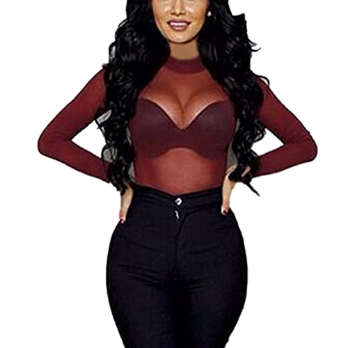 Damen Basic Langarm Mesh Sheer Tops Transparent Blusen, (Rundhalsausschnitt) Dunkelrot, Mittel von WSLCN