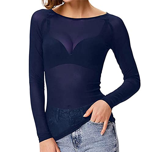 Damen Basic Langarm Mesh Sheer Tops Transparent Blusen, Dunkelblau, Groß von WSLCN