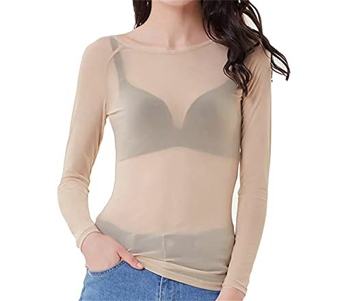 Damen Basic Langarm Mesh Sheer Tops Transparent Blusen, Khaki, XX-Large Damen Basic Langarm Mesh Sheer Tops Transparent Blusen, Khaki, XX-Large von WSLCN