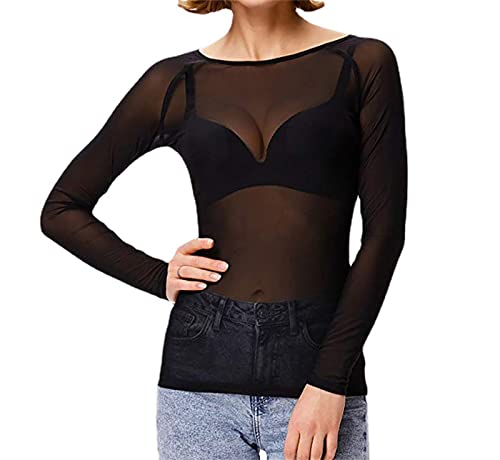 Damen Basic Langarm Mesh Sheer Tops Transparent Blusen, Schwarz, XX-Large von WSLCN