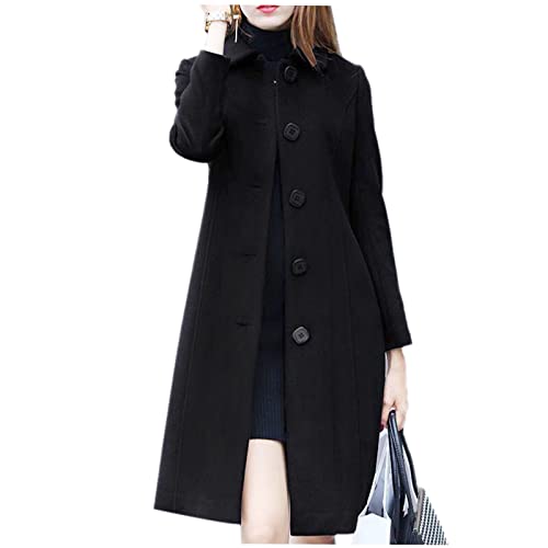 Damen Einreihiger Warm Mantel Eleganter Trenchcoat Mittellang Imitation Wolle Overcoat, Schwarz , 48 von WSLCN
