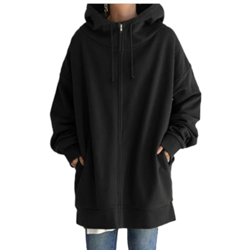 Damen Zip Up Hoodies Plus Size Langarm Tunika Sweatshirts Casual Jacke Mantel mit Tasche, Schwarz , 42 von WSLCN