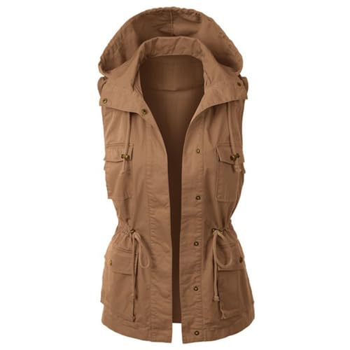 Frauen Utility Safari Weste Leichte Ärmellose Jacke Militär Cargo Weste Jacke, (Snap) Braun, XX-Large von WSLCN