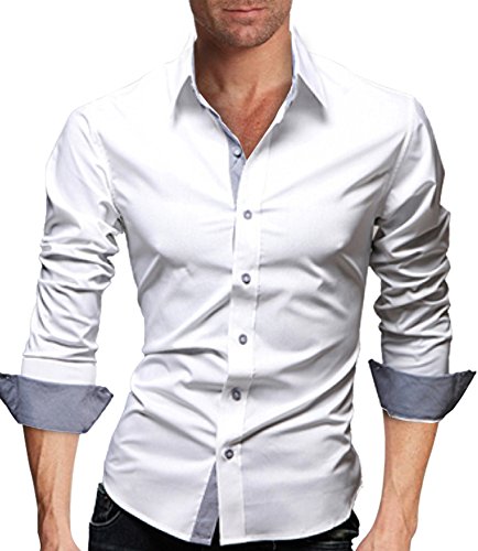 Herren Elegant Schlicht Business lässig Hemden Langarm Slim Fit Weiß DE XS (Asiatisch M) von WSLCN