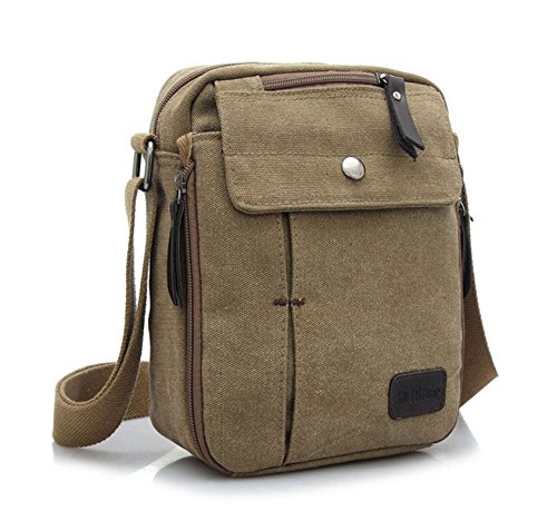 Herren Schlicht Canvas Freizeit klein Umhängetasche Schultertasche Messenger Bag Khaki von WSLCN