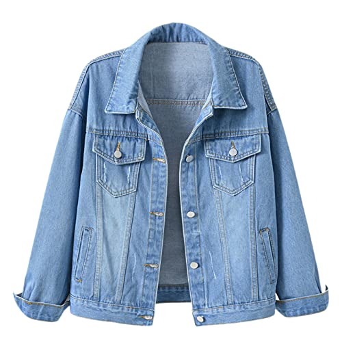 Jeansjacke für Damen Grils Langarm Boyfriend Jeans Jacken Lose Mantel, hellblau, 46 von WSLCN