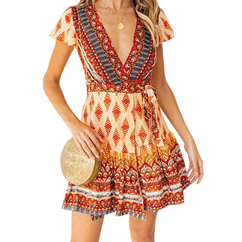 WSLCN Damen Boho Kleid Vintage Sommerkleid Tiefe V-Neck A-Linie Strandkleider Urlaub Orange S(Taille 66cm) von WSLCN