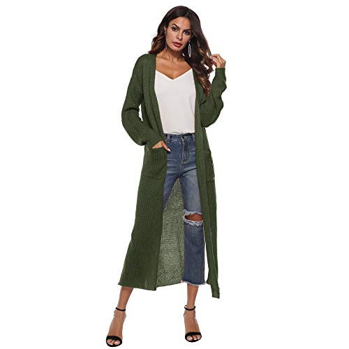 WSLCN Damen Cardigan Lange Elegant Strickjacke Einfarbig Herbst Frühling Freizeitjacke Armeegrün DE M(Asie L) von WSLCN