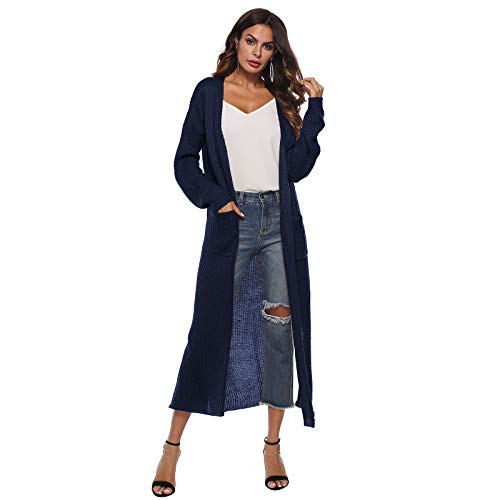 WSLCN Damen Cardigan Lange Elegant Strickjacke Einfarbig Herbst Frühling Freizeitjacke Marineblau DE L(Asie XL) von WSLCN