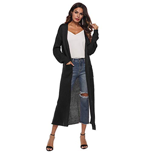 WSLCN Damen Cardigan Lange Elegant Strickjacke Einfarbig Herbst Frühling Freizeitjacke Schwarz DE L(Asie XL) von WSLCN