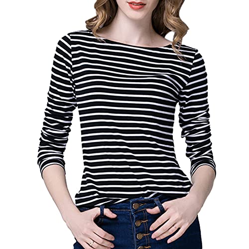 WSLCN Damen Gestreift 100% Baumwolle Langarmshirt Langarm Oberteil Slim fit Schwarz DE M (Asiatisch XXL) von WSLCN