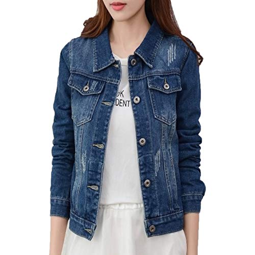 WSLCN Damen Jeansjacke Denim Jacke Kurz Slim Fit Übergangsjacke Dunkelblau Brust 36 inch(Asie XXL) von WSLCN