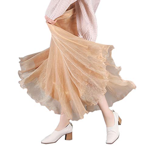 WSLCN Damen Klassik Chiffon Rock Plissee Maxi Skirt Strandröcke Groß Swing Sommerrock 1 Gold L (Länge 95cm /Taille 58-94cm) von WSLCN
