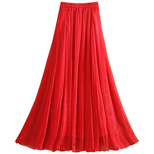 WSLCN Damen Klassik Chiffon Rock Plissee Maxi Skirt Strandröcke Groß Swing Sommerrock Rot XL (Länge 100cm /Taille 58-94cm) von WSLCN