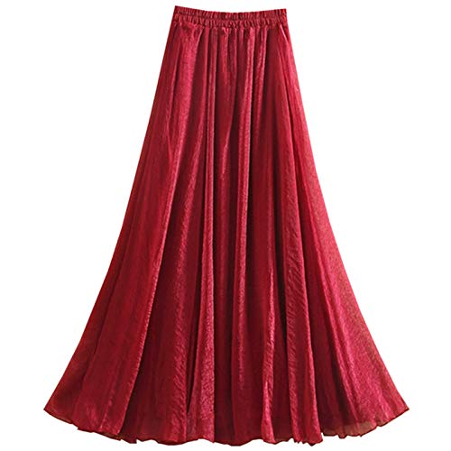 WSLCN Damen Klassik Chiffon Rock Plissee Maxi Skirt Strandröcke Groß Swing Sommerrock Weinrot XL (Länge 100cm /Taille 58-94cm) von WSLCN