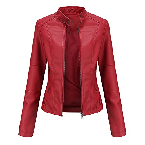 WSLCN Damen Lederjacke PU-Leder Kurze Schmale Stehkragen Jacken Einfach Mantel Rot M von WSLCN