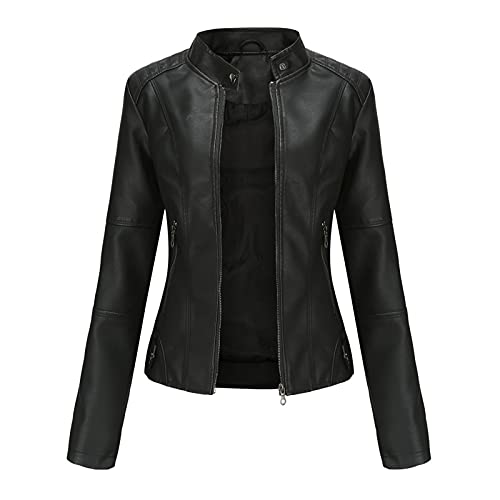 WSLCN Damen Lederjacke PU-Leder Kurze Schmale Stehkragen Jacken Einfach Mantel Schwarz S von WSLCN
