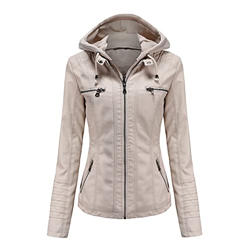 WSLCN Damen Lederjacke PU-leder Kurz Abnehmbare Zweiteilige Kapuzenjacke Stehkragen Beige L von WSLCN