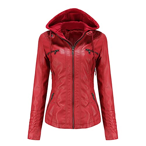 WSLCN Damen Lederjacke PU-leder Kurz Abnehmbare Zweiteilige Kapuzenjacke Stehkragen Rot 5XL von WSLCN