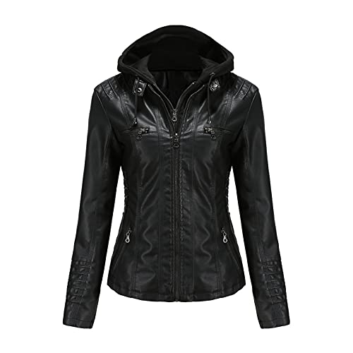 WSLCN Damen Lederjacke PU-leder Kurz Abnehmbare Zweiteilige Kapuzenjacke Stehkragen Schwarz 6XL von WSLCN