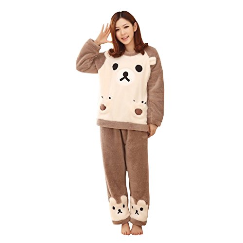 WSLCN Damen Mädchen Schlafanzug Zweiteilig Alltag Cartoon Bär Cosplay Overall Nacht Party Warm Winter Nachtwäsche Hellbraun(Weiß Bär) Asie XL (165-170 cm 55.5-62.5KG) von WSLCN