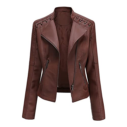 WSLCN Damen Motorradjacke aus Kunstleder, mit Reißverschluss, klassisch, lässig, schmale Passform, coffee, 50 von WSLCN