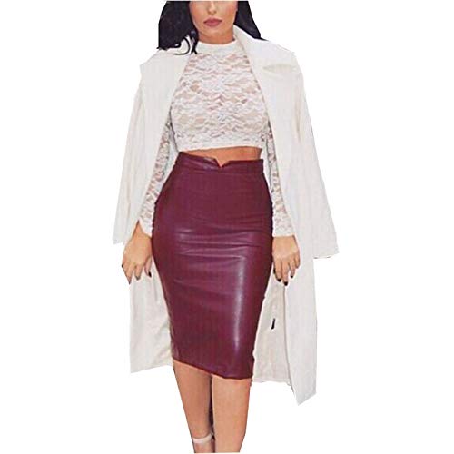 WSLCN Damen Röcke Lederrock Bleistiftrock High Waist Kunstleder Knielang Sexy Women Skirt Stretch Abendlich Party Dunkel Rot DE 42 (Asie XXL) von WSLCN