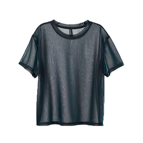 WSLCN Damen Sommer Kurzarm T-Shirt Mesh Durchsichtig Hohle Tüll Rundhals Transparent Oberseit Tops Schwarz DE S(Asie L) von WSLCN