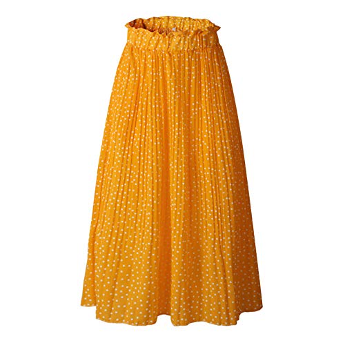 WSLCN Damen Sommer Midi Rock Vintage Elegant Faltenrock Plissee Skirt Strandrock Gelb Polka Dot L : Taille 76-90cm von WSLCN