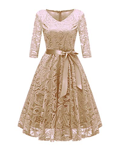 WSLCN Damen Spitze Kleider Hochzeit Cocktail Abendlich Party Sommer Kleid Elegant Aprikose S: Brust 86cm/33.9" von WSLCN