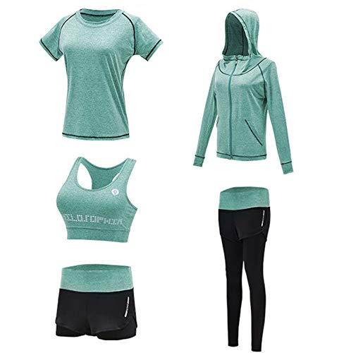 WSLCN Damen Sportsuit Set, Sweatsuit 5 Stück Stretch Trainingsanzug Schnell Trocknend Lauf Jogging Gym Yoga Fitness Grün DE L (Asie XXL) von WSLCN