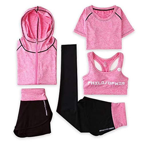 WSLCN Damen Sportsuit Set, Sweatsuit 5 Stück Stretch Trainingsanzug Schnell Trocknend Lauf Jogging Gym Yoga Fitness Pink DE M (Asie XL) von WSLCN