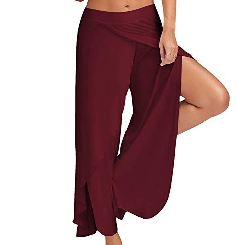 WSLCN Damen Tanzhose Locker Hose Bauchtanz Pilates Yoga Elastizität Lange Dünn Leicht Split Weinrot Label Asie S :Taille 60-80cm von WSLCN