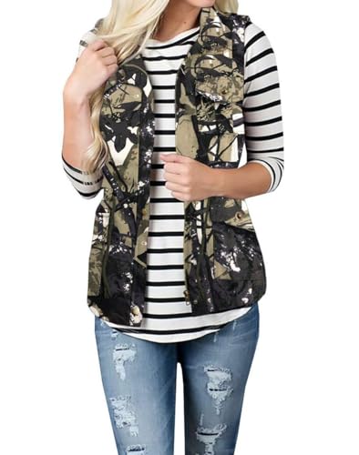 WSLCN Damen Weste Winter Frühling Weste Warm Mantel Reißverschluss ärmellos leicht warm Outdoor Jacke mit Taschen Gr. L/X-Large, Graffiti-Tarnmuster. von WSLCN
