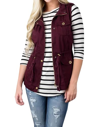 WSLCN Damen Weste Winter Frühling Weste Warm Mantel Reißverschluss ärmellos leicht warm Outdoor Jacke mit Taschen Gr. L/X-Large, burgunderrot von WSLCN