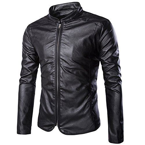 WSLCN Herren Einfach Bikerjacken Lederjacke Kunstleder Einfarbig Slim Motorradjacke Stehkragen Mantel Herbst Casual Schwarz DE S (Asie M) von WSLCN