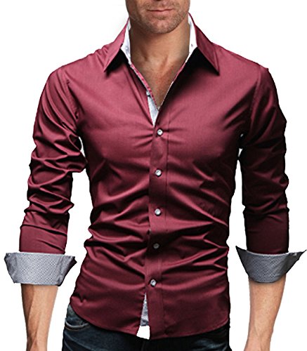 WSLCN Herren Elegant Schlicht Business lässig Hemden Langarm Slim Fit Burgundy DE M (Asiatisch XXL) von WSLCN