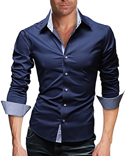 WSLCN Herren Elegant Schlicht Business lässig Hemden Langarm Slim Fit Dunkelblau DE M (Asiatisch XXL) von WSLCN