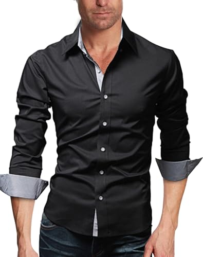 WSLCN Herren Elegant Schlicht Business lässig Hemden Langarm Slim Fit Schwarz DE XS (Asiatisch M) von WSLCN
