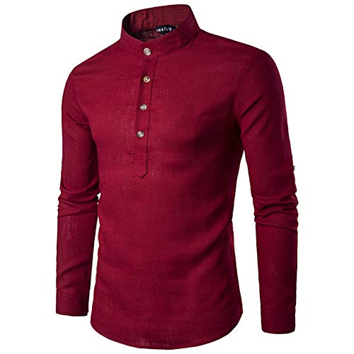 WSLCN Herren Hemd Leinenhemd Freizeithemd Lässige Shirts Slim Fit Stehkragen Rot S von WSLCN