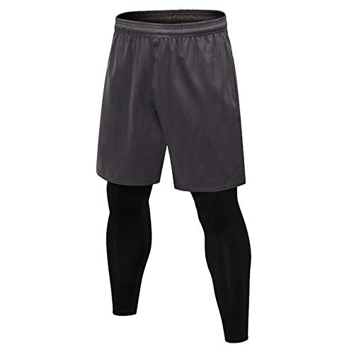 WSLCN Herren Hose Leggings 2 in 1 Stil Fitness Sporthose Stretch Schnelltrocknungs Trainingshose Lange Pants Grau Hose DE XS (Asie M) von WSLCN