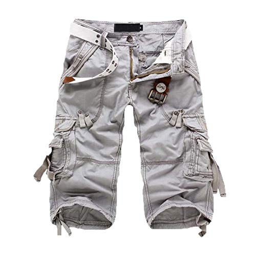 WSLCN Herren Jungen Cargo Shorts Einfarbig Cargoshorts Sommer Locker Lässig Kurze Hose Multi Taschen Knielang Freizeit(Ohne Gürtel) Hell Grau (Asie 29): Taille (76cm/29.9") von WSLCN