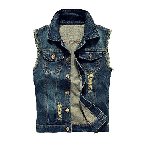 WSLCN Herren Jungen Weste Jeansweste Denim Weste Vest Freizeit Vintage Outdoors Löcher Dunkel Blau DE XS (Asie M von WSLCN